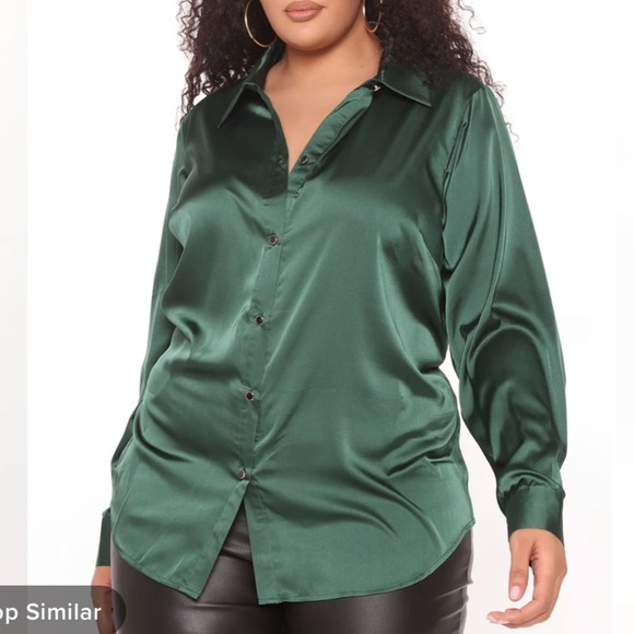 Fashion nova emerald green satin long sleeve button down shirt small - Picture 4 of 5